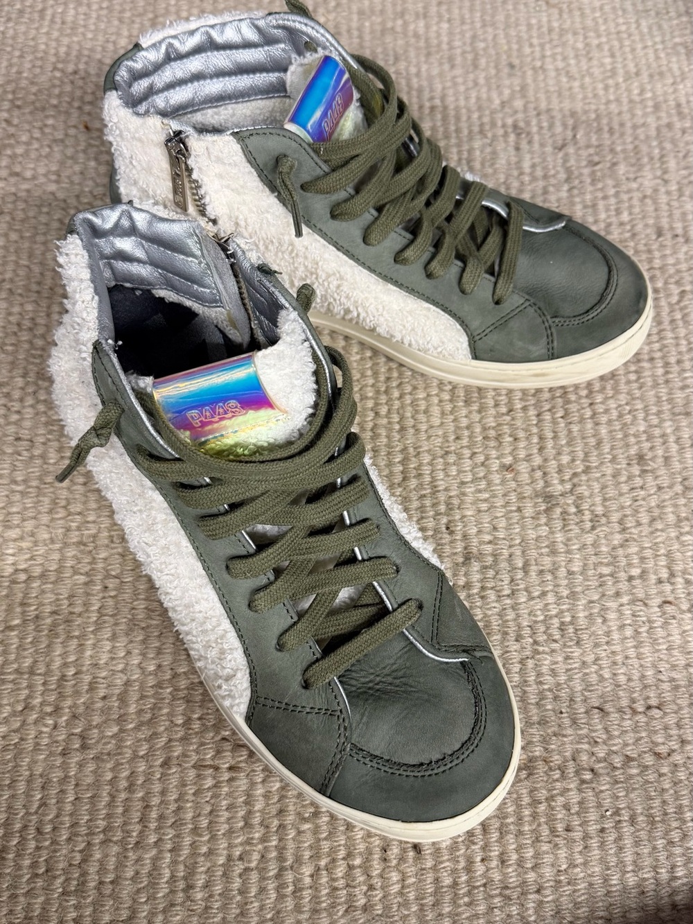 P448 Skate Wad High Top Sneakers Olive Green Suede Sherpa Shearling